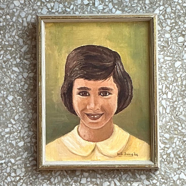 This delightful vintage oil portrait captures a charming young girl with a warm smile, rendered with fine detail and...