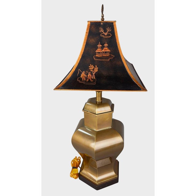 Vintage Frederick Cooper Hexagonal Brass Urn Lamp With Relief Chinoiserie Tole Shade For Sale - Image 11 of 12