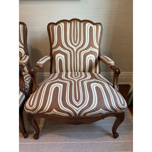 Pair of Exquisite Antique Louis XV Style Bergere Upholstered Arm Chairs For Sale - Image 4 of 16