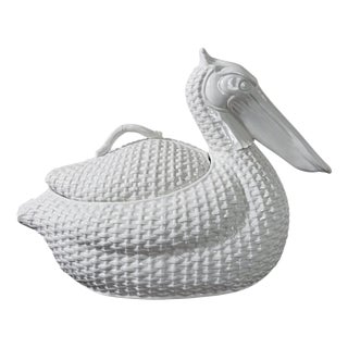 Vintage Italian Handcrafted White Glazed Ceramic Pelican Tureen, 1970s For Sale