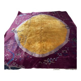 Antique 1920s Art Deco Chinese Rug, Gold Oval Medallion, Near-Mint, 8'1" X 10'2" (247cm X 311cm) For Sale