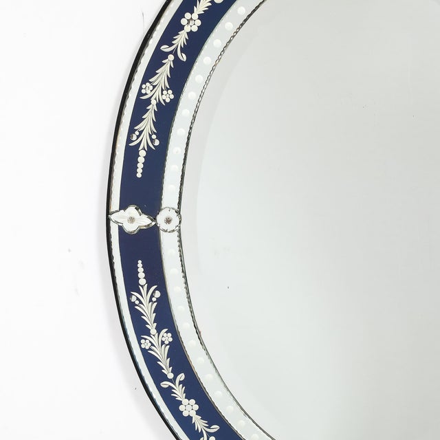 Mid-Century Modern Mid-Century Venetian Glass Reverse-Etched Oval Mirror W/ Sapphire Blue Border For Sale - Image 3 of 16