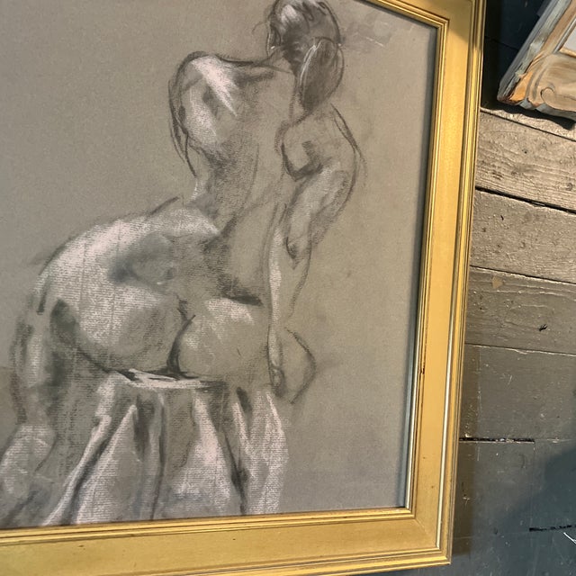 Original 15 x 17 charcoal drawing on gray paper heightened with pink. Pastel unsigned study Overall size with distressed...