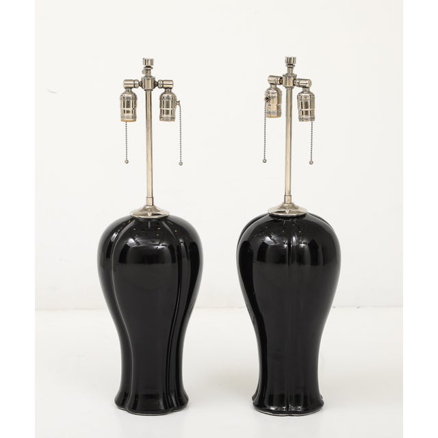A Pair of Black Ceramic & Nickel Table Lamps For Sale - Image 12 of 14
