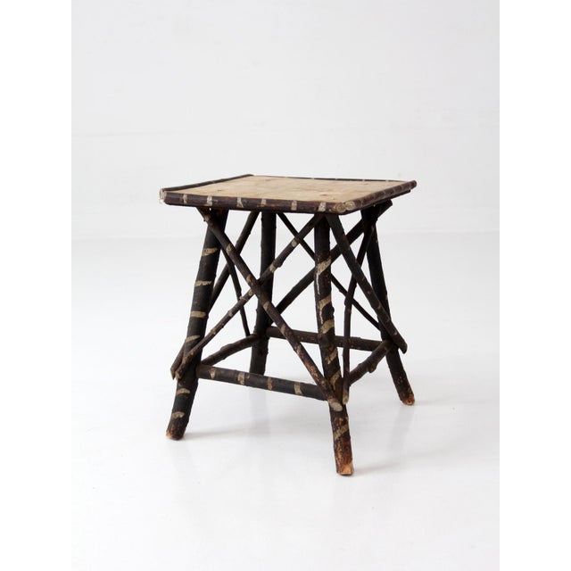 Wood Antique Adirondack Twig Table With Floral Cloth Top For Sale - Image 7 of 13