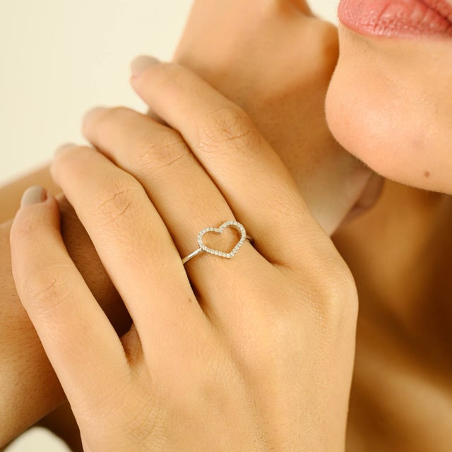 Modern 14k White Gold Open Heart Shape Diamond Ring Size 6 For Sale - Image 3 of 11