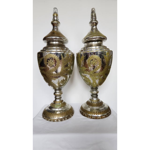 Mid-Century Modern Pair of Early 20th Century Mercury Glass Apothecary Urns With Gold Enamel For Sale - Image 3 of 5