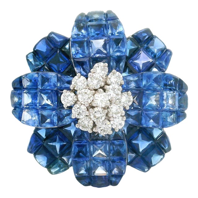 Invisible-Set Blue Sapphire Diamond 18k White Gold Flower Brooch & Pendant For Sale