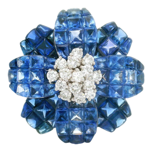 Invisible-Set Blue Sapphire Diamond 18k White Gold Flower Brooch & Pendant
