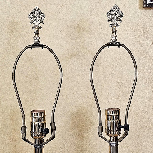 Pair of Tall Brass Table Lamps With Ivory Bell Shades – Hollywood Regency Style For Sale - Image 10 of 18