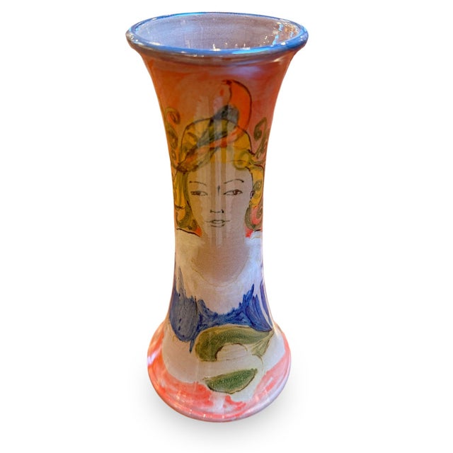 Contemporary Florence & Pierre Scheyvaerts workshop earthenware vase, made in France. The vase depicts a woman wearing a...