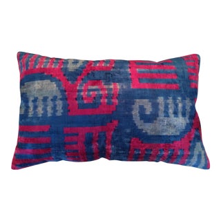 Red & Blue Velvet Ikat Pillow For Sale