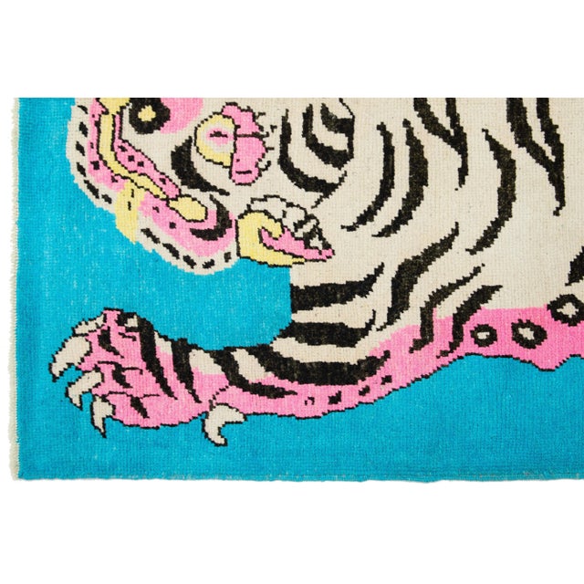 Blue Tiger Designed Handmade Turkish Wool Rug in Blue For Sale - Image 8 of 10