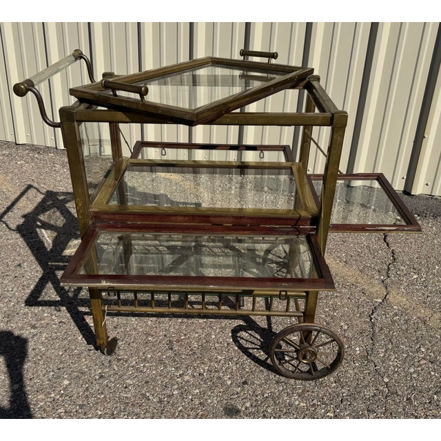 Hollywood Regency 1960s Vintage Brass Tea Cart With Enclosed Shelf & Beveled Glass For Sale - Image 3 of 11