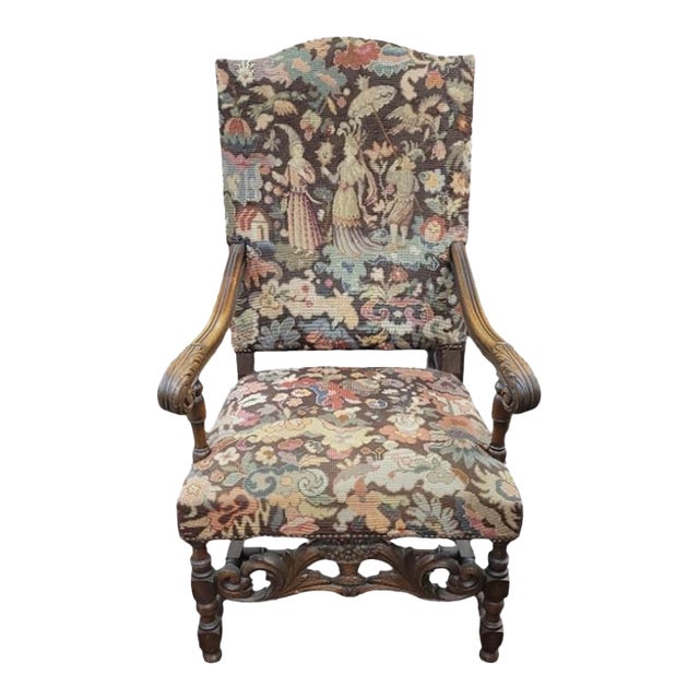Ca 1890 Jacobean Needlepoint Arm Chair For Sale