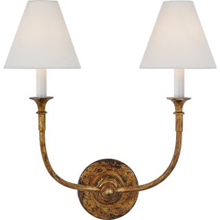 Thomas O'Brien for Visual Comfort Signature Piaf Double Sconce in Antique Gild with Linen Shades For Sale
