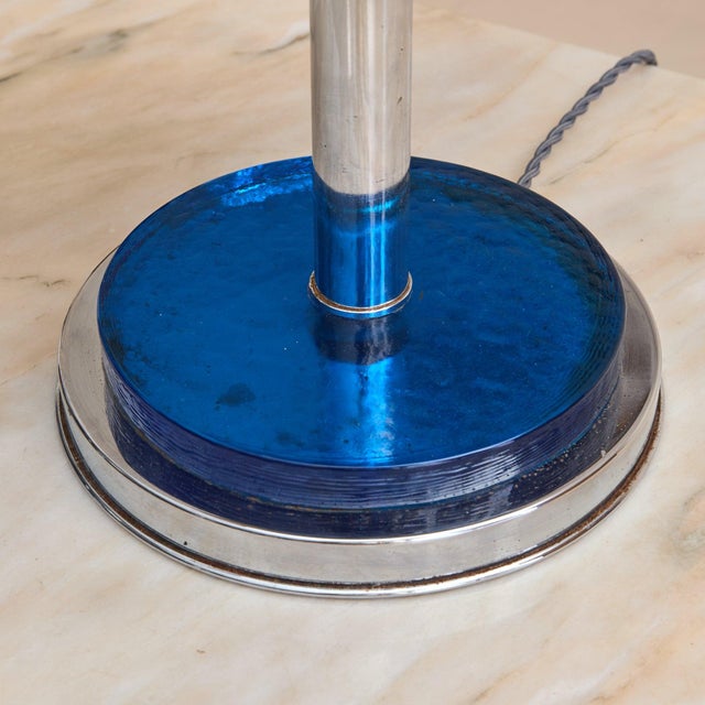 French Art Deco Chrome + Cobalt Glass Table Lamp, 1950s For Sale - Image 4 of 8