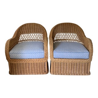 Pair of Henry Link Vintage Rattan and Wicker With Galbraith & Paul Linen Chairs For Sale