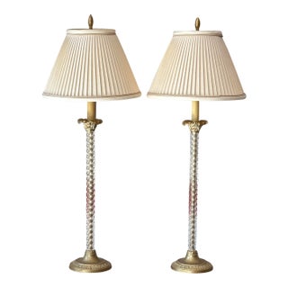 Pair Twisted Lucite Column Candlestick Lamps With Shades. For Sale