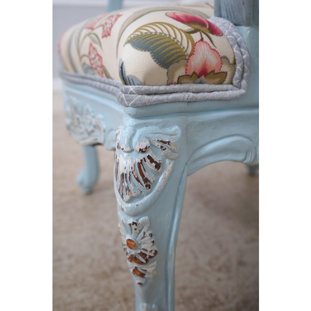 Pair of French Provincial Blue Frame Open Arm Chairs For Sale - Image 16 of 18