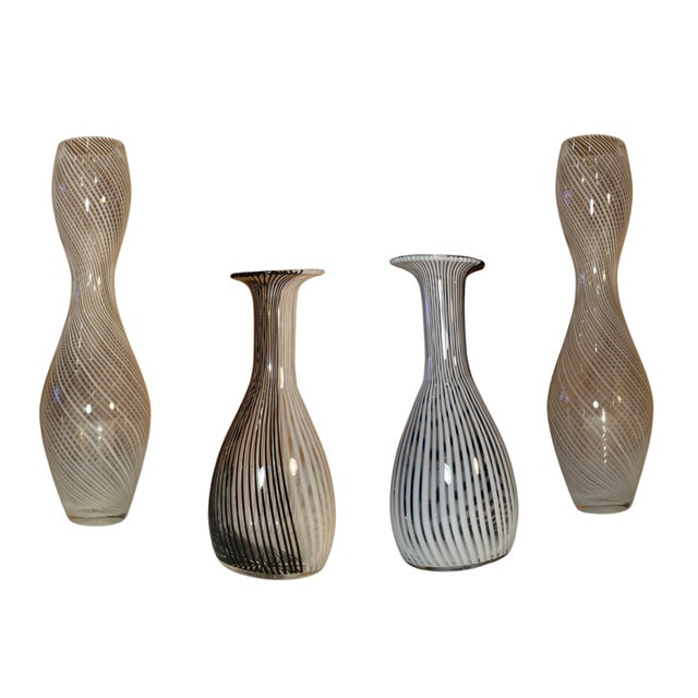 Murano Mezza Filigrana Art Glass White and White and Black Pin Stripe Swirl Vases- Set of 3 For Sale - Image 14 of 18