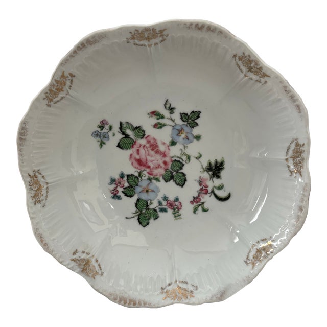 Antique Schwarzenhammer Bavaria European Traditional Floral Porcelain Bowl With Gilt Scalloped Rim For Sale