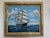 A striking vintage oil on canvas depicting a majestic sailing ship navigating rolling ocean waves beneath a bright,...