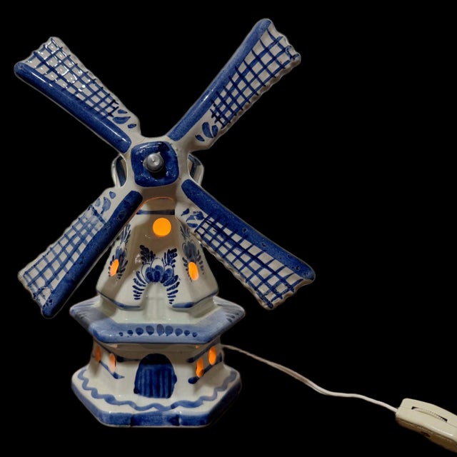 Mid 20th Century Vintage Authentic Dutch Delft Blue Hand-Painted Porcelain Windmill Table Lamps - Made in Holland - a Pair For Sale - Image 5 of 7