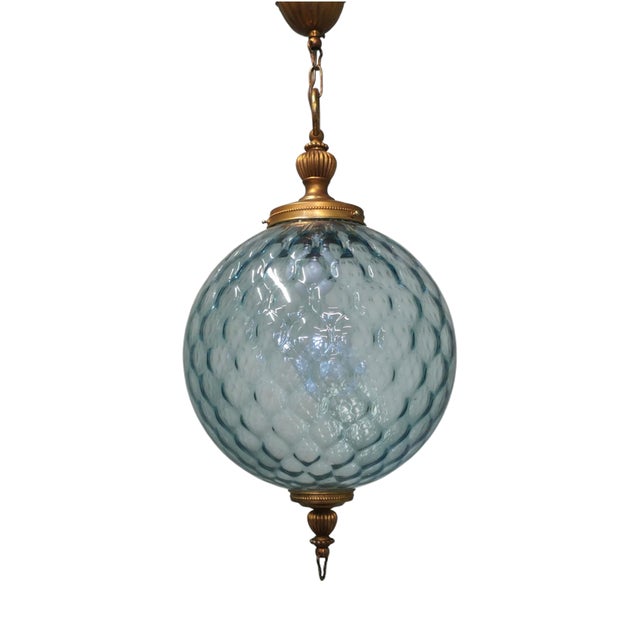 Large French Pale Blue Dimple Globe Pendant Light, 1960 For Sale
