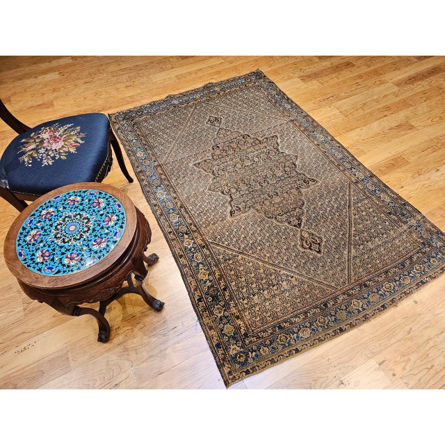 Persian Antique Persian Senneh Area Rug, Hand-Knotted Wool, Paisley Medallion Pattern, Chocolate Brown & Light Blue, 4x7 For Sale - Image 3 of 13