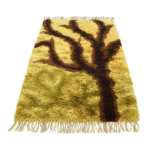 1960s Vintage Swedish Rya Rug in Yellow and Brown With Tree Pictorial | Rug & Kilim For Sale - Image 5 of 8