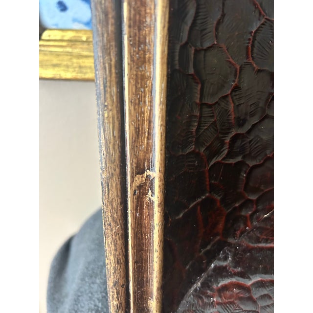19th Century Beveled Fireplace Mirror, Framed in Heavy Wood Embossed With Leather and Thinly Gilded. For Sale - Image 6 of 8