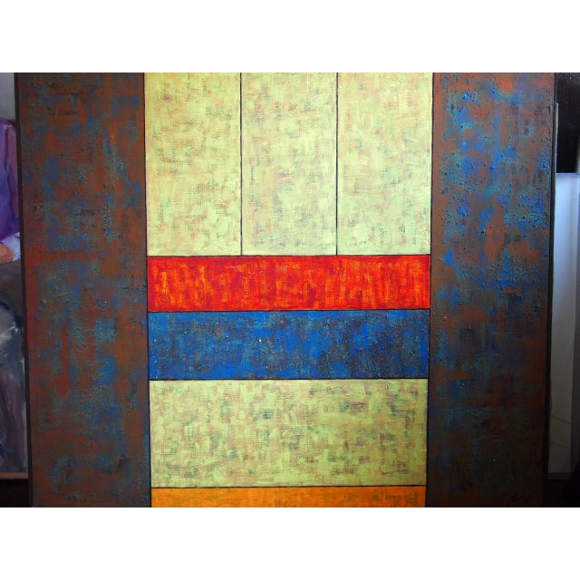 -Interesting, geometric abstract painting by noted artist RICHARD C. "Dick" ELLIOTT (1945-2008; American / Washington). In...