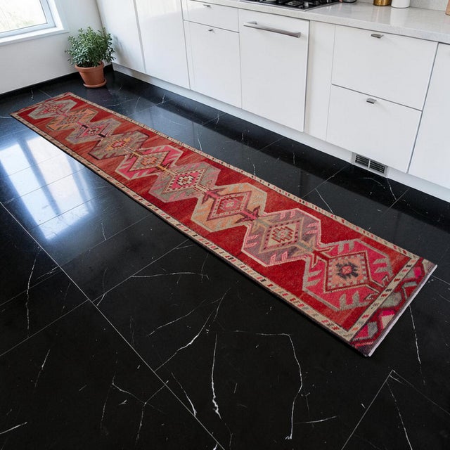 1950s Pink Turkish Hand-Knotted Runner Rug, Extra Long Narrow Hallway Decor 2x14 Ft Approx For Sale - Image 6 of 17