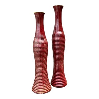 Vintage Pair of Ribbed Tall Vases For Sale