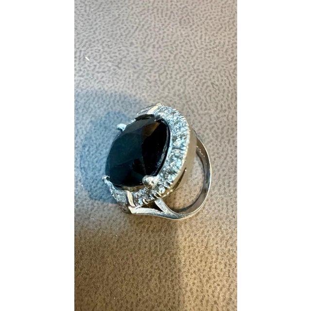 Gemstone 10.96 Ct Mid Night Blue Sapphire & 1 Ct Diamond Cocktail Ring, Platinum, Estate For Sale - Image 7 of 18