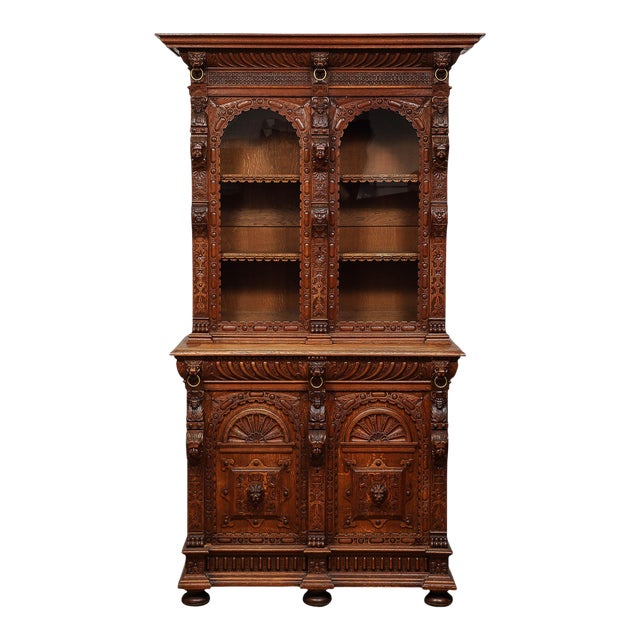 Antique Jacobean Carved Oak Cabinet For Sale
