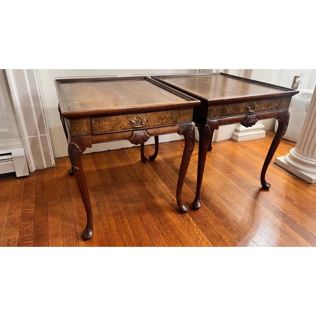 1960s Pair of Baker Furniture French Provincial Burl Walnut Side Tables For Sale - Image 10 of 12