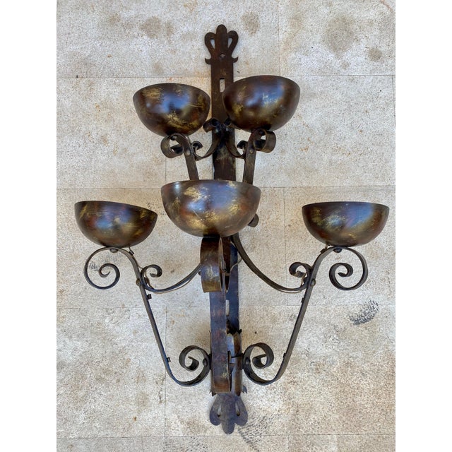 Metal Pair of Big Spanish Hand-Forged Iron Wall Sconces, Mid-20th Century For Sale - Image 7 of 11