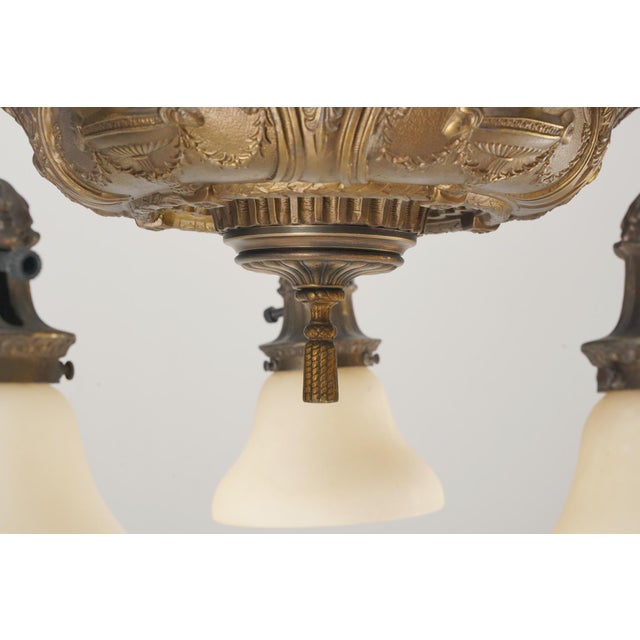 Mid 20th Century Restored Neoclassical Bronze Chandelier With Alabaster Shades For Sale - Image 4 of 9