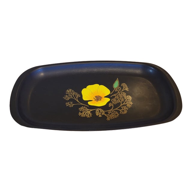 VTG MCM Couroc Ca Poppy Flower Rect Tray Inlaid 12.5”x9.5” Orange Yellow Gold For Sale