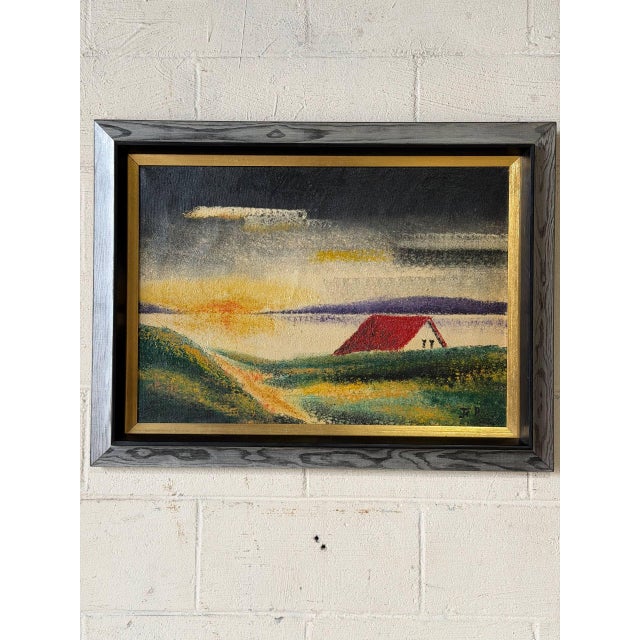 1970s j.p. Signed Rural Landscape Oil Painting on Canvas Vintage Mid-Century Modern 1970s For Sale - Image 5 of 9