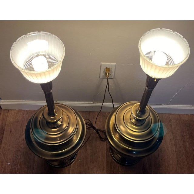 Pair of Vintage Brass Rembrandt Lamp Co Design Original Lamp Glass Shade Patina For Sale - Image 10 of 12