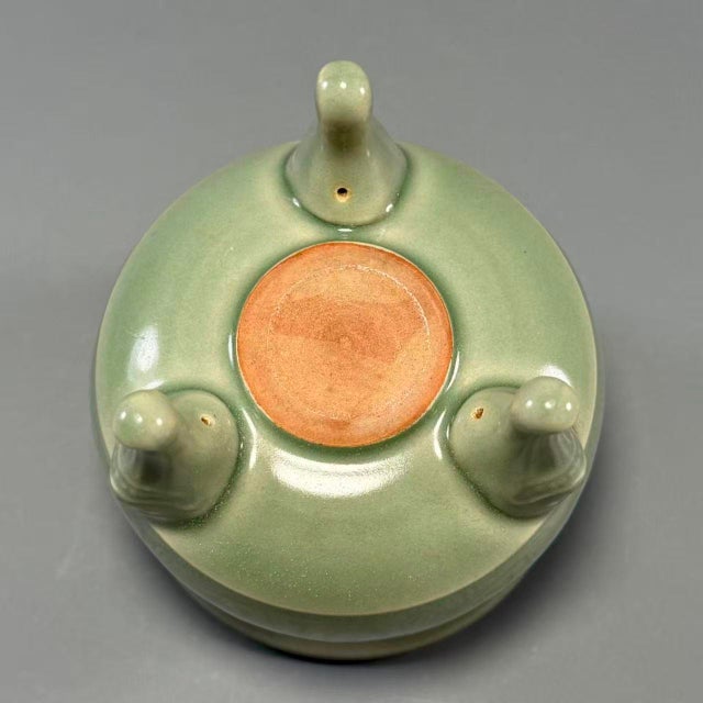 Ceramic Vintage Chinese Longquan Celadon Porcelain Incense Burner | One of a Kind, Carved‑Pattern Double Handles For Sale - Image 7 of 7