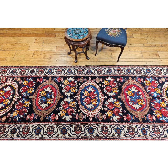 Vintage Persian Bakhtiari Wide Runner, Handwoven Wool, Floral Bouquet Design, Navy & Red, 4x13 For Sale In Chicago - Image 6 of 17