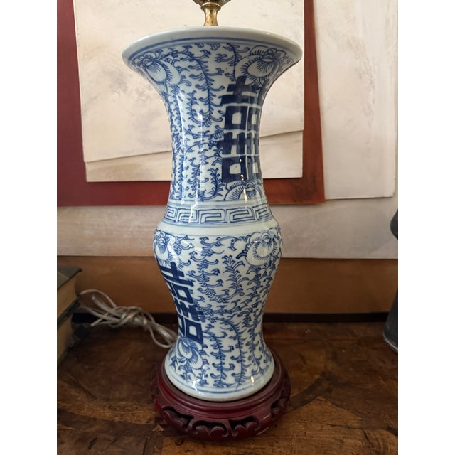 Vintage Blue and White Double Happiness Lamps Chinoiserie Decor - A Pair For Sale In Chicago - Image 6 of 12
