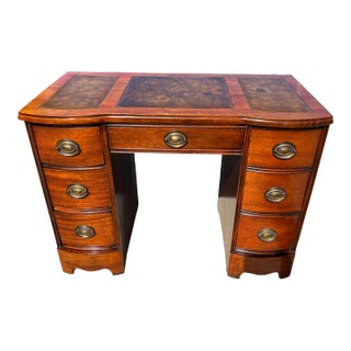 Early 20th Century Antique Cherry Kneehole Partner Desk With 3 Piece Leather Top Inlay and Brass Drawer Pulls For Sale