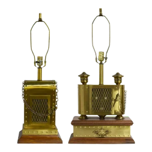 Mid Century Riveted Industrial Steampunk Flickering Lantern Brass Lamps - a Pair