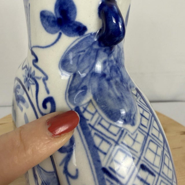 Blue 1970s Chinese Blue White Double Handle Moon Flask Porcelain Vase 10.5" People Theme For Sale - Image 8 of 8
