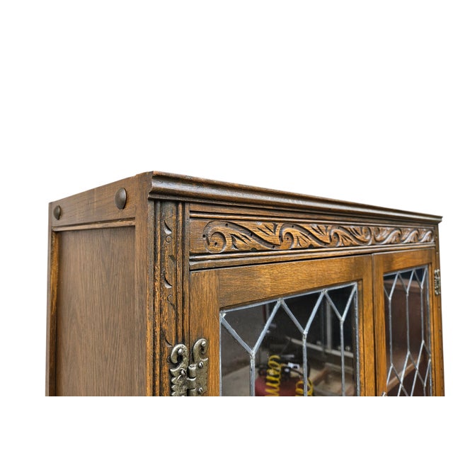 1970s Vintage Oak Wood Bros Jacobean Cabinet Leaded Glass Hutch Bookshelf Old Charm For Sale - Image 10 of 12
